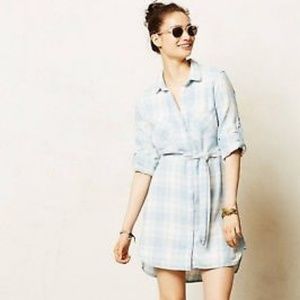 Blue plaid front tie shirt dress